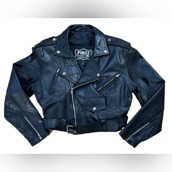 First Jackets & Blazers - VTG First Crop Black Leather Biker Jacket Small